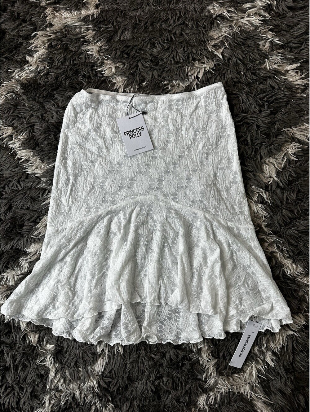 NWT Princess Polly White Textured Lace Drop Waist Ruffle Mini Skirt Womens US 4